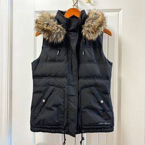 Eddie Bauer Down Puffer Vest with Faux Fur Hood Black – M